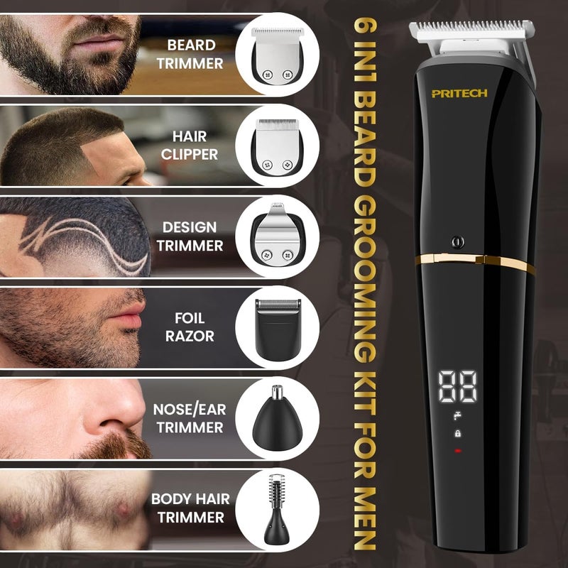 pritech Beard Trimmer for Men,6 in 1 Hair Clippers Kit, Precision Cordless Grooming Kit Waterproof IPX6 for Beard, Hair, Body, Nose, Ear, with Foil Razor (Black) - Image 3